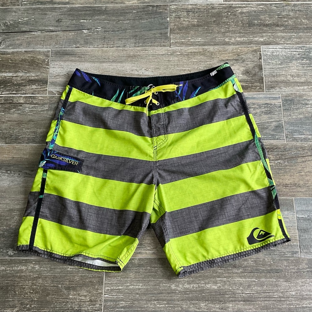 Quiksilver Green and Gray Striped Board Shorts